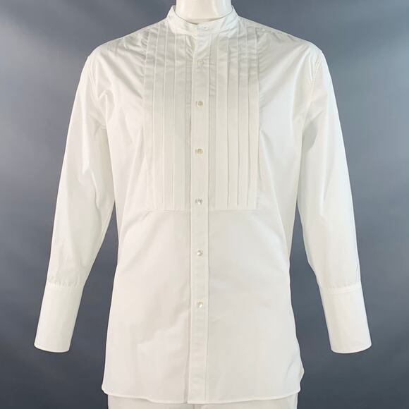 NILI LOTAN Size L White Cotton Pleated Collarless Tuxedo Long Sleeve Shirt